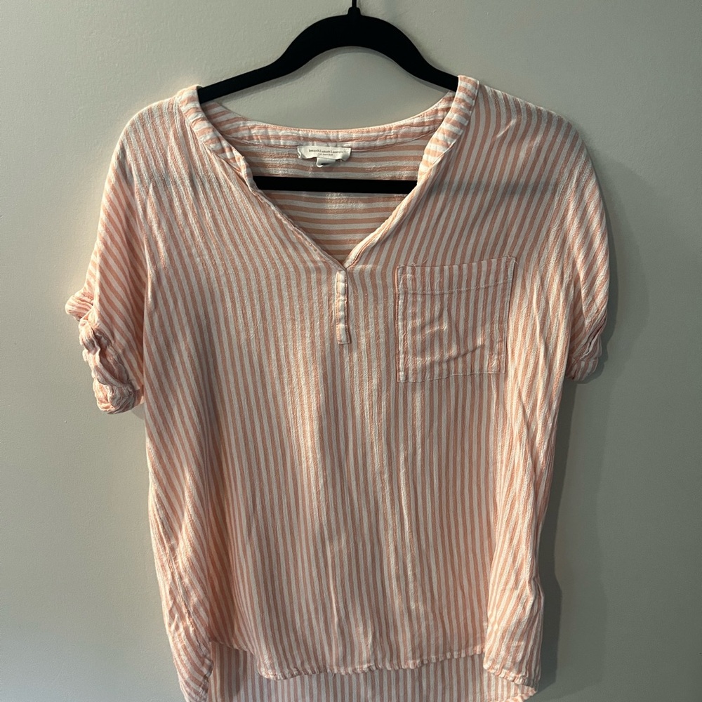 beachlunchlounge Pink & White Striped Pocket Henley Blouse